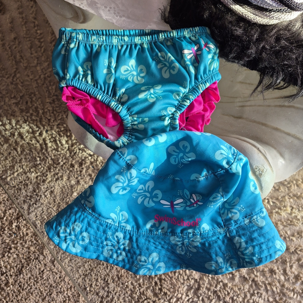 Girls' Aqua Floral Swim Hat and Reusable Swim Diaper - Aqua/Pink